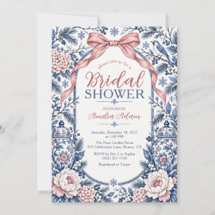 Convite Chuva de Noiva Azul e Rosa Empoeirada Chinoiserie