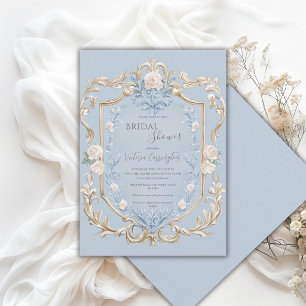 Convite Chuva de Noiva Azul Floral Elegante Moldura Dourad