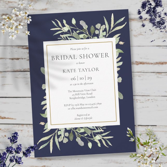 Convite Chuva de Noiva Azul Marinho Elegante com Verde e D (Elegant Navy Blue Gold Greenery Bridal Shower Invitation)