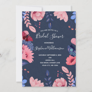 Convite Chuva de Noiva Azul Marinho Floral Rosa Letras Bra