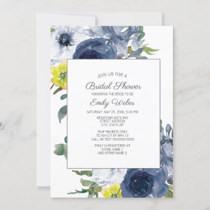 Convite Chuva de Noiva Azul Naval Amarelo Branco Floral