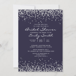 Convite Chuva de Noiva Azul Naval Brilhante Prateada Elega
