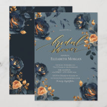 Chuva de Noiva Azul Naval Elegante com Flores Dour