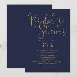 Convite Chuva de Noiva Azul Ouro Moderno Elegante Script