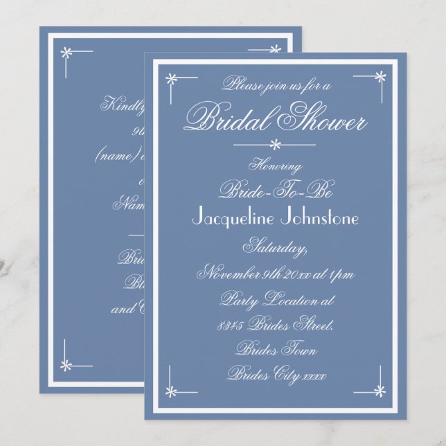 Convite Chuva de Noiva Azul Poeira Branco Script Casamento (Frente/Verso)