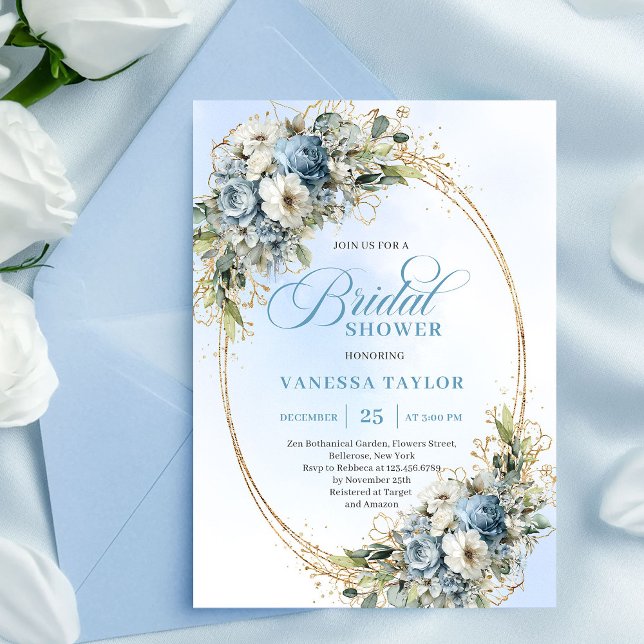 Convite Chuva de Noiva Azul Poeirento Elegante com Verde e (Elegant Dusty Blue Greenery Gold Bridal Shower Invite)