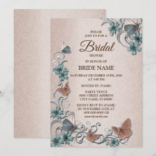 Convite Chuva de Noiva Azul Prata Floral Borboleta Bege