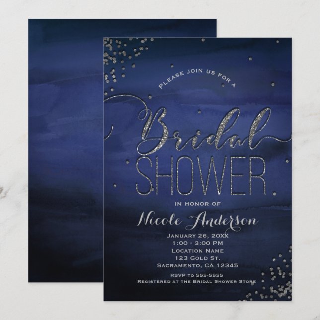 Convite Chuva de Noiva Azul Prateada Glam Moderna em Aquar (Frente/Verso)