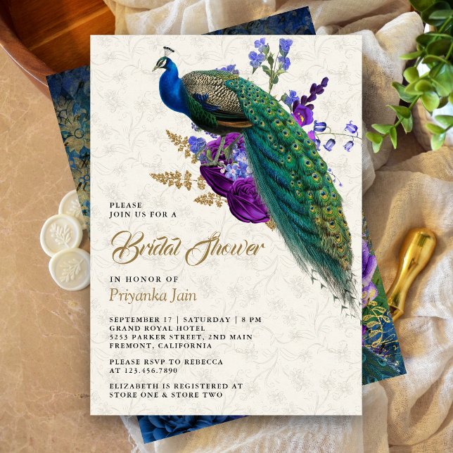 Convite Chuva de Noiva Azul Real Roxo Floral (Criador carregado)