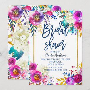 Convite Chuva de Noiva Azul Script Bold Floral Aquarela