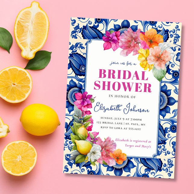 Convite Chuva de Noiva Azulejo Floral Cítrico (Citrus Floral Blue Tile Bridal Shower Invitation)