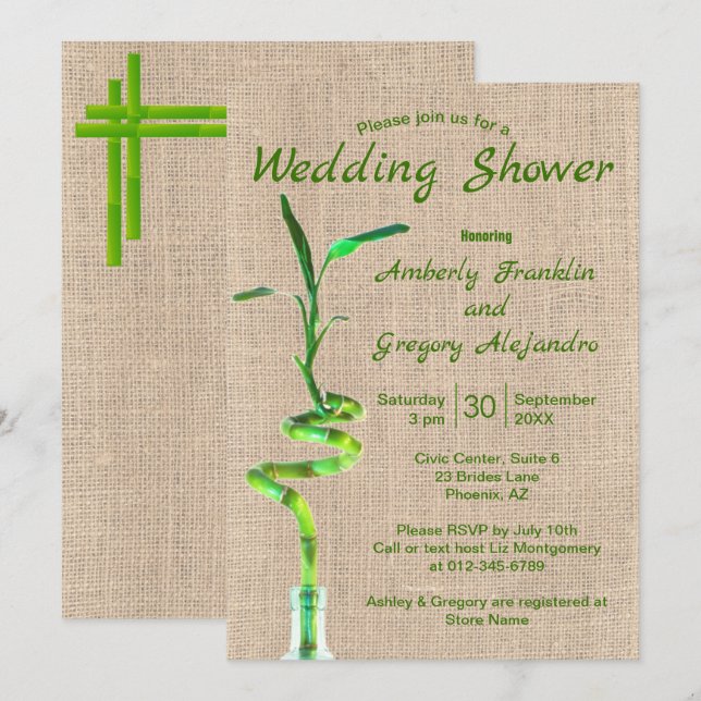 Convite Chuva de Noiva Bambu Sortudo Espiralado em Lona Rú (Frente/Verso)