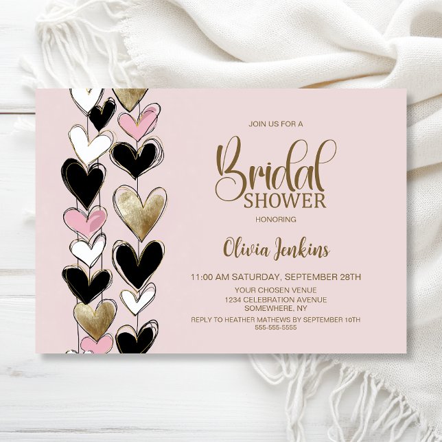 Convite Chuva de Noiva Black Pink Gold Hearts (Criador carregado)
