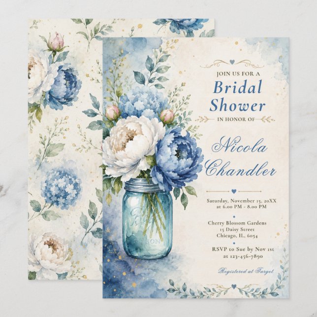 Convite Chuva de Noiva Blue Peony (Frente/Verso)