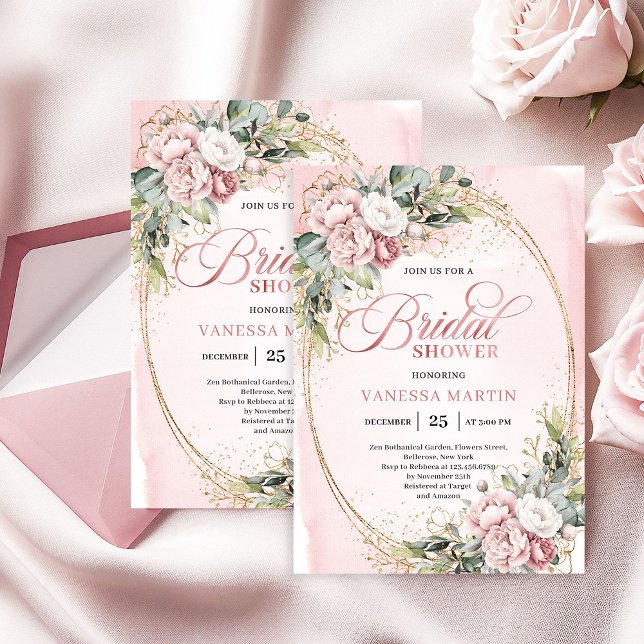 Convite Chuva de Noiva Boho Blush Floral Eucalipto Dourado (Boho Blush Floral Eucalyptus Gold Bridal Shower)