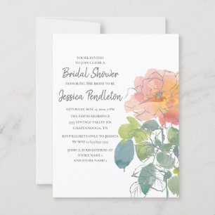 Convite Chuva de Noiva Boho Floral Aquarela Coral Rosa