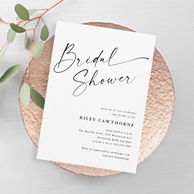 Convite Chuva de Noiva Boho Marfim Roteiro Moderno (Modern simple black and white script boho bridal shower invitations.)