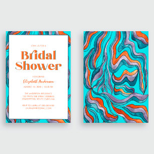 Convite Chuva de Noiva Boho Retro Azul Tipografia Ondulada