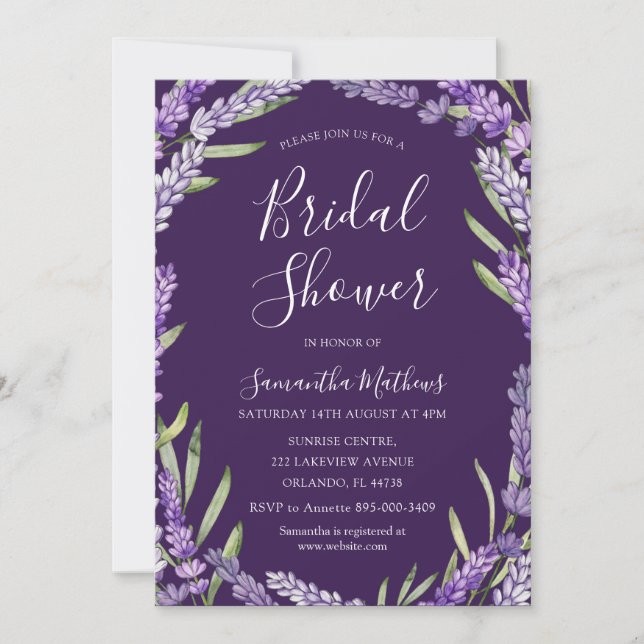 Convite Chuva de Noiva Boho Roxo Lavanda Aquarela (Frente)