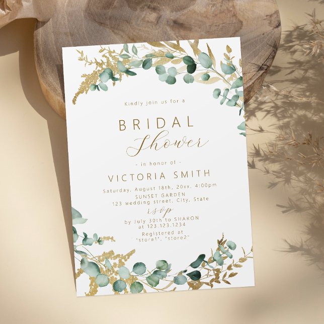 Convite Chuva de noiva boho rústica com eucalipto dourado (Rustic eucalyptus gold greenery boho bridal shower invitation)