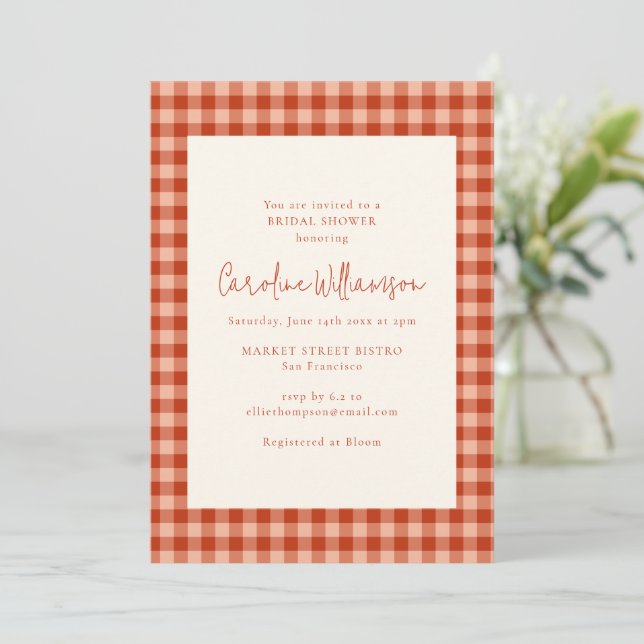 Convite Chuva de Noiva Boho Terracota Xadrez Gingham (Em pé/Frente)