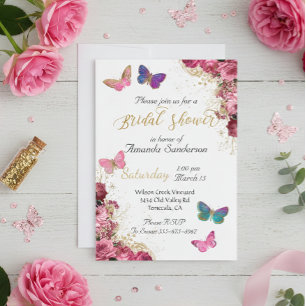 Convite Chuva de Noiva Bonito Chic Floral Borboleta Rosa