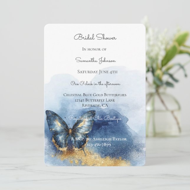 Convite Chuva de Noiva Borboleta Azul Celeste Dourado   (Em pé/Frente)
