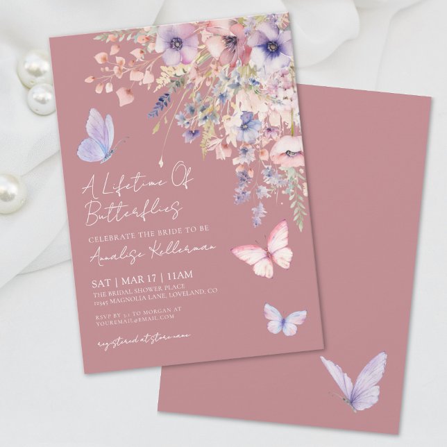Convite Chuva de Noiva Borboleta Flor Silvestre Rosa Empoe (Elegant Butterfly Wildflower Bridal Shower Invitation)
