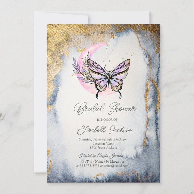 Convite Chuva de Noiva Borboleta Floral Lunar Celestial (Frente)