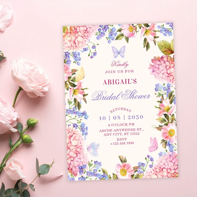 Convite Chuva de noiva borboletas florais rosa roxo (Criador carregado)