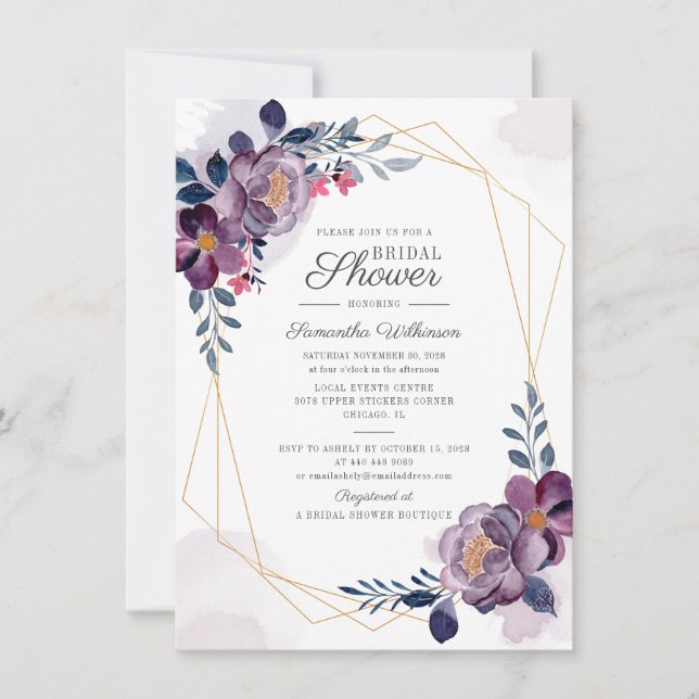 Convite Chuva de Noiva Botânica Geométrica Floral Roxa (Frente)