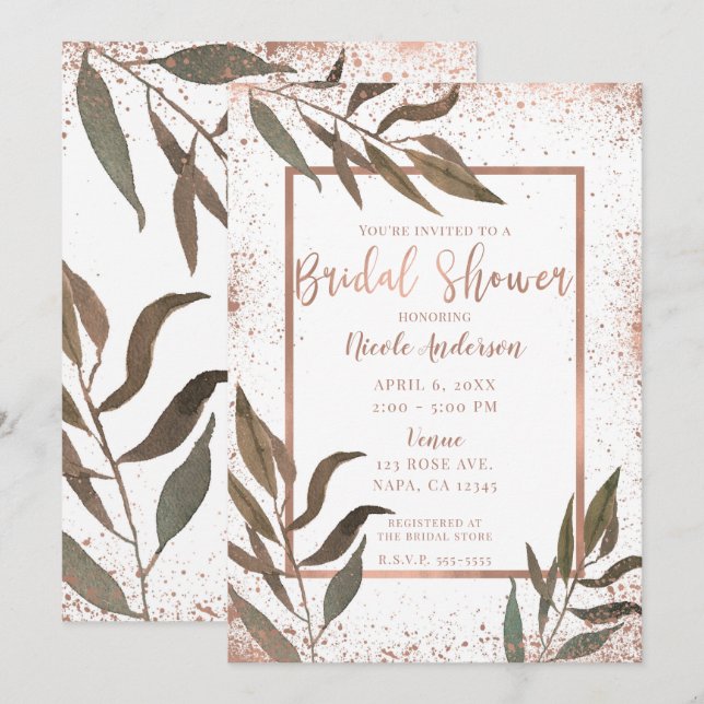 Convite Chuva de Noiva Botânica Glam em Rosa Cobre Dourado (Frente/Verso)
