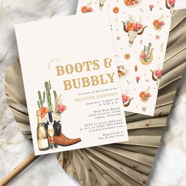 Convite Chuva de Noiva Botas Western (Bridal Shower Boho Watercolor Boots and Bubbly Invitation
)