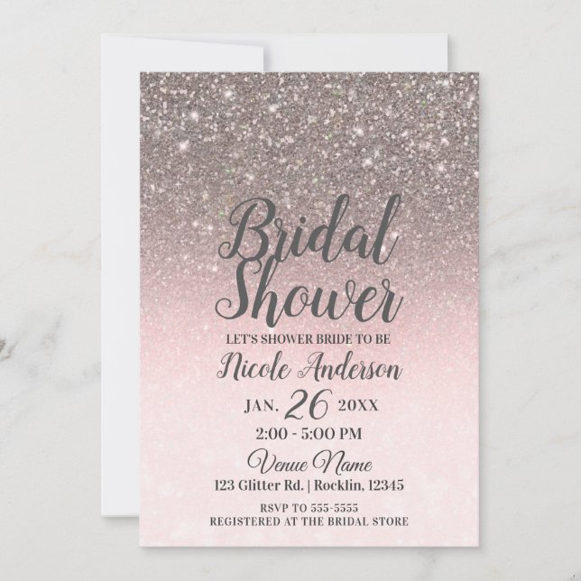 Convite Chuva de Noiva Brilho Prateado e Rosa Blush (Frente)