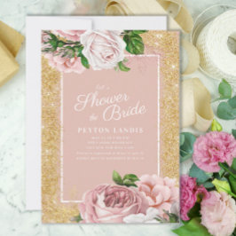 Convite Chuva de Noiva Brilho Rosa Dourado Floral Rosa