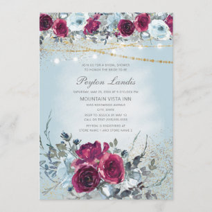 Convite Chuva de Noiva Burgundy Azul Floral Brilhante