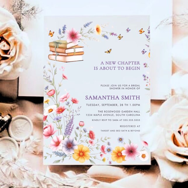 Convite Chuva de Noiva Capítulo do Livro de Florais Roxos (A romantic purple floral bridal shower invitation with books, butterflies, and elegant garden charm!)