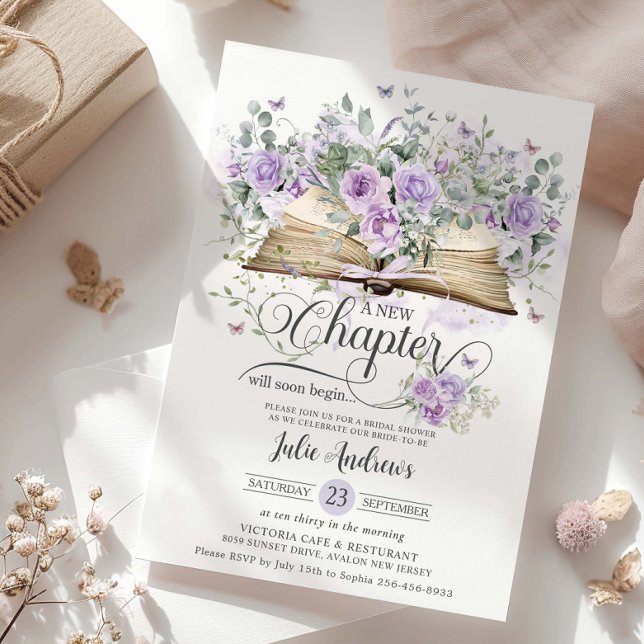 Convite Chuva de Noiva Capítulo Novo Flor de Lilás Roxo (purple-lilac-floral-butterflies-vintage-book-a-new-chapter-will-soon-begin-bridal-shower-invitation)