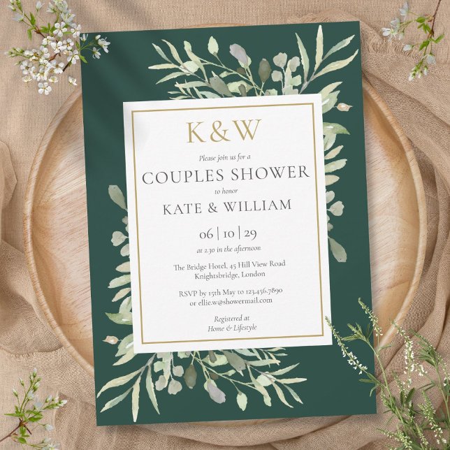 Convite Chuva de Noiva Casais Monograma Dourado Esmeralda (Gold Monogram Greenery Emerald Couples Shower Invitation)