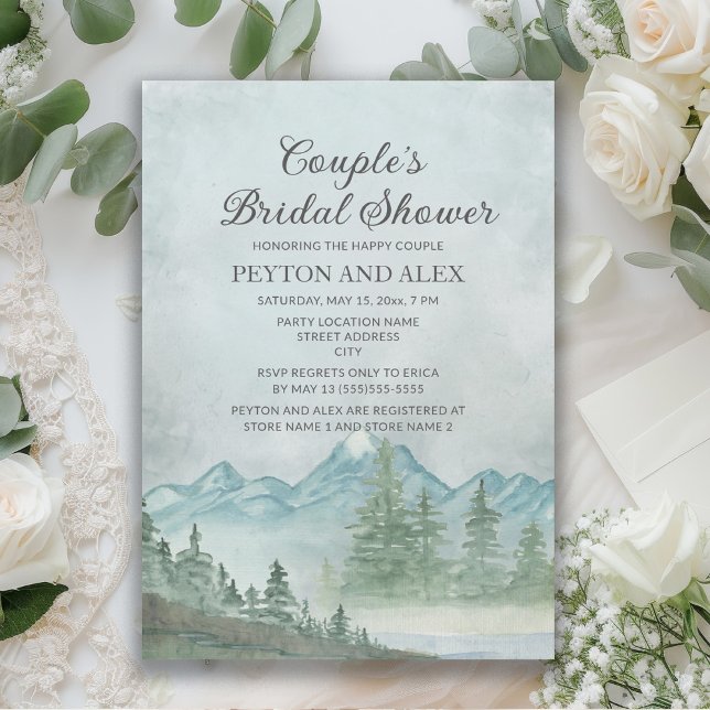 Convite Chuva de Noiva Casal Montanhas Rústicas Lago (Mountains couple's bridal shower invitation)