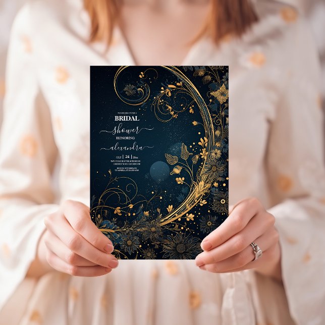 Convite Chuva de Noiva Celestial Dourado Azul Meia-Noite (Criador carregado)