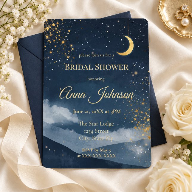 Convite Chuva de Noiva Celestial Navy Dourado Lua e Estrel (Criador carregado)