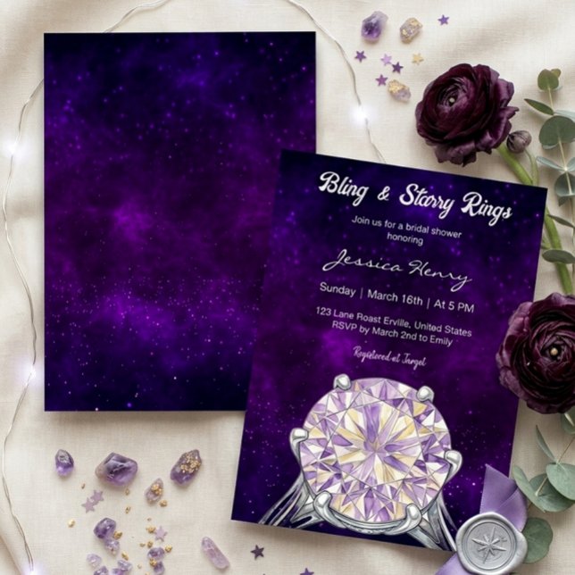 Convite Chuva de Noiva com Anel de Diamante Roxo Noite Est (Criador carregado)