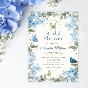 Convite Chuva de noiva com borboletas de ramo floral azul