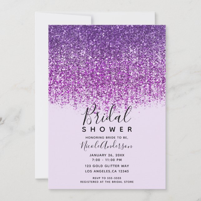 Convite Chuva de Noiva com Brilho Roxo Espelhado (Frente)