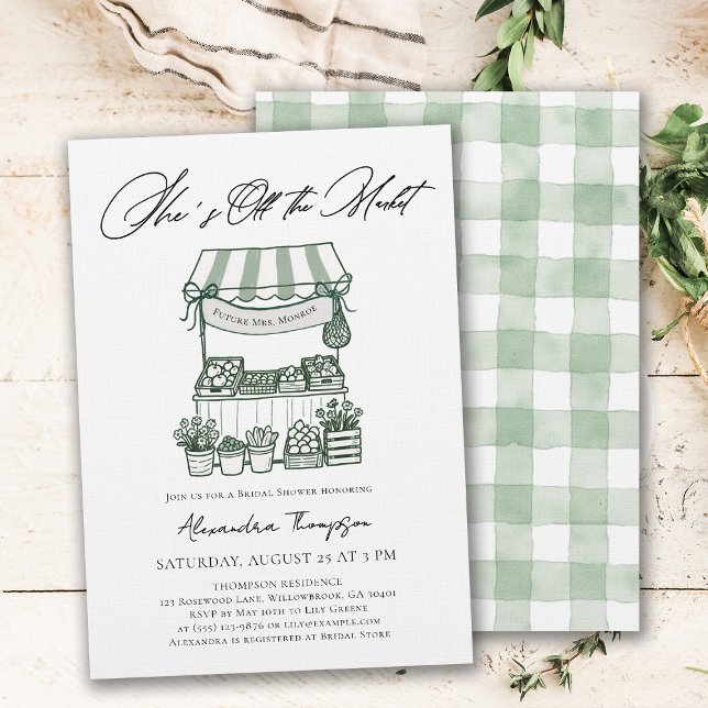 Convite Chuva de Noiva com Caligrafia Moderna Fora do Merc (off the market bridal shower invitation farmers stand hand drawn modern elegant calligraphy)