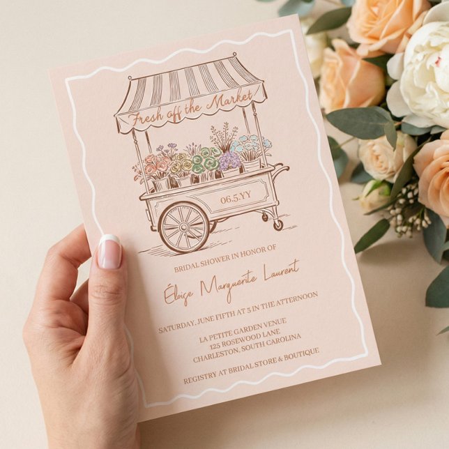 Convite Chuva de Noiva com Carrinho Floral Fresh Off The M (Fresh Off The Market Floral Cart Bridal Shower Invitation)