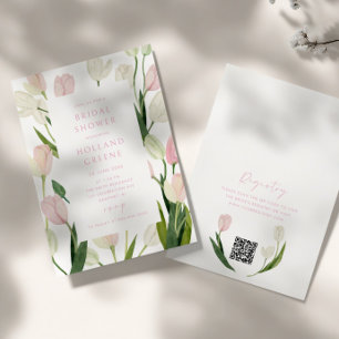 Convite Chuva de Noiva com Código QR de Tulipa Rosa Suave