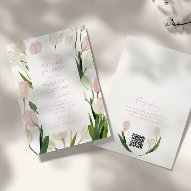 Convite Chuva de Noiva com Código QR de Tulipa Rosa Suave (Criador carregado)