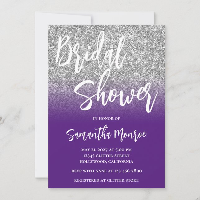 Convite Chuva de Noiva com Código QR em Ombre Roxo e Brilh (Frente)